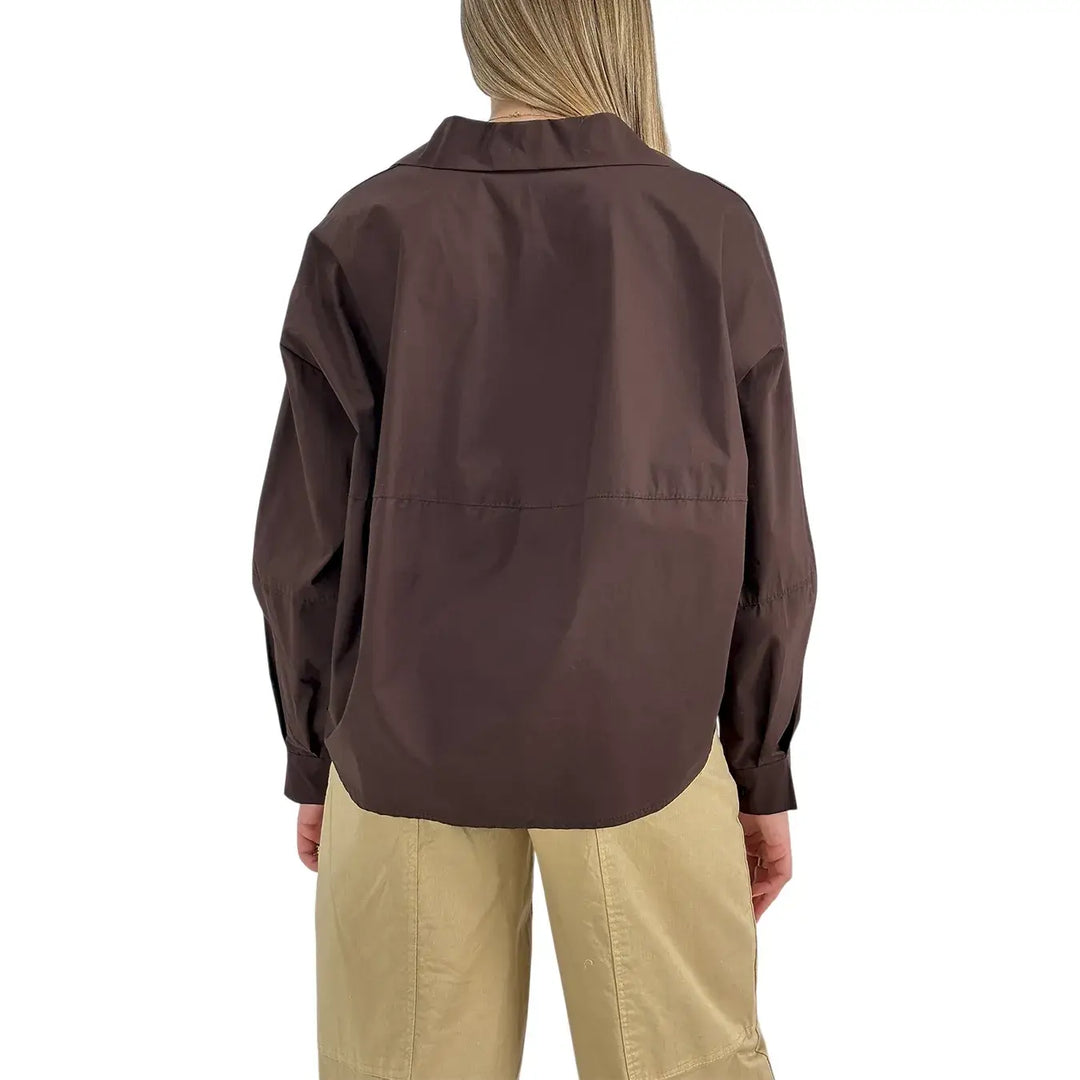 Bassini Camicia Donna Cioccolato Over in Cotone a Maniche Lunghe con Taglio Orizzontale
