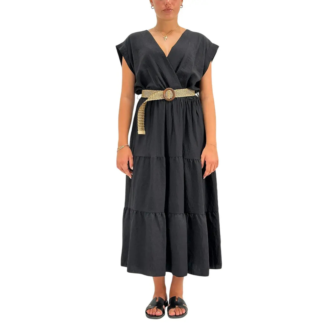 Bassini Abito Donna Nero in Mussola con Scollo V Elastico in Vita e Cinta Intrecciata