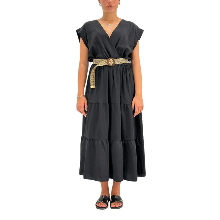 Bassini Abito Donna Nero in Mussola con Scollo V Elastico in Vita e Cinta Intrecciata
