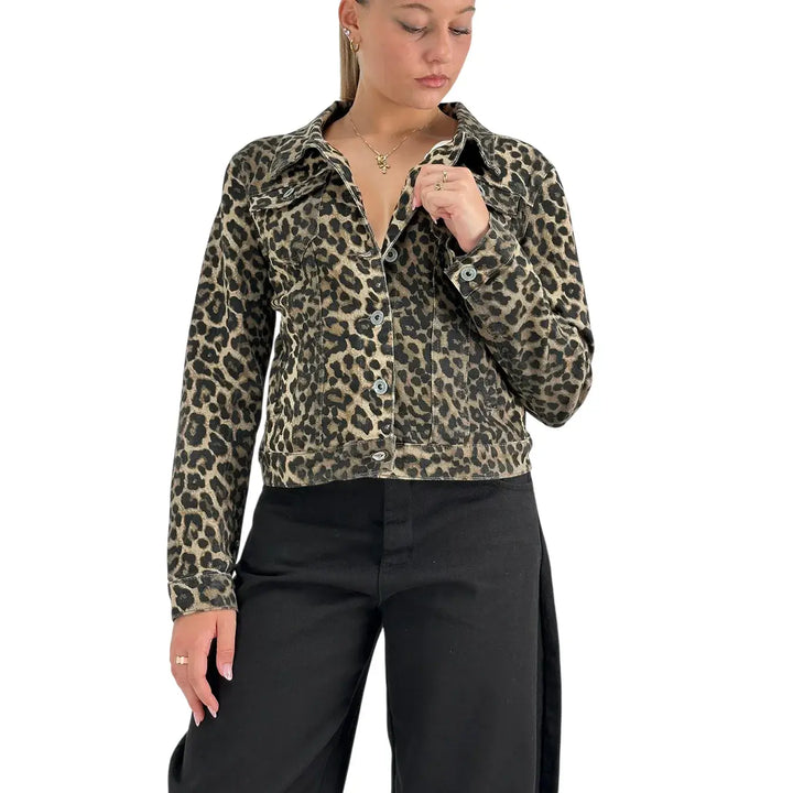 Bassini Giubbotto Donna Maculato Modello Trucker in Cotone Elasticizzato