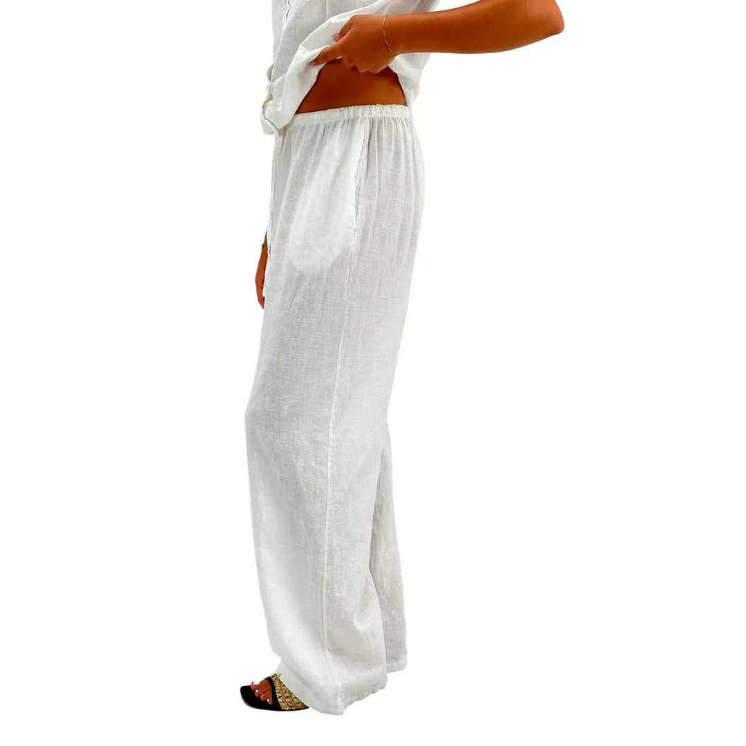Bassini Pantaloni Donna Bianchi Palazzo in Lino e Cotone con Coulisse in Vita