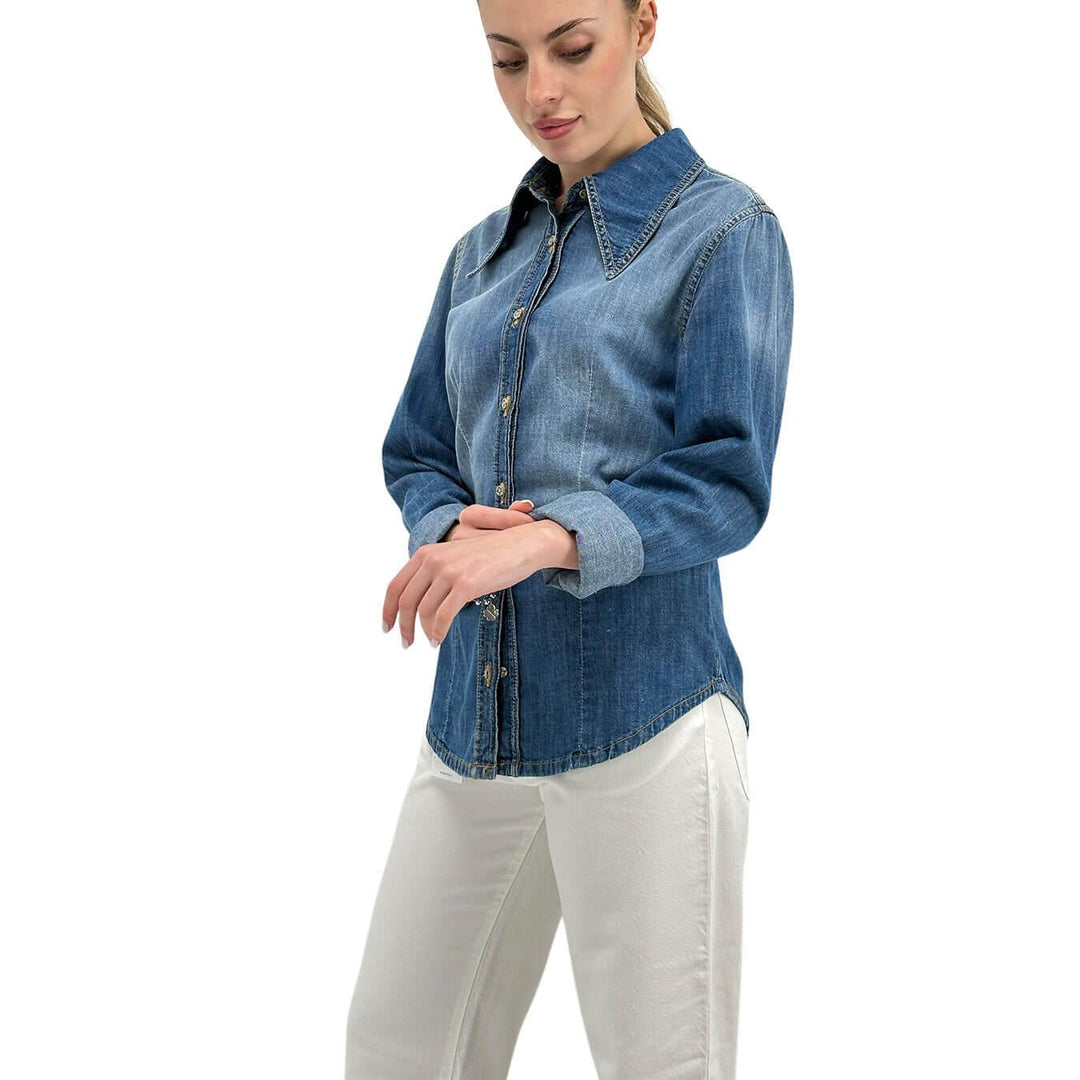 Motel Camicia Jeans Donna, Denim, Collo a Lancia, Cotone, Blu