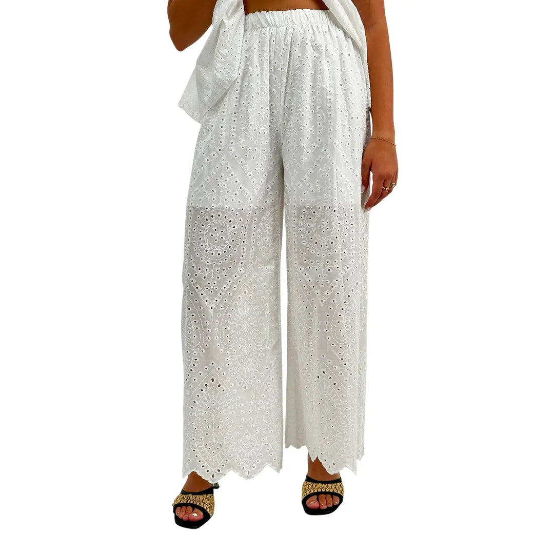 Bassini Pantaloni Donna Bianchi Palazzo in Sangallo con Elastico in Vita