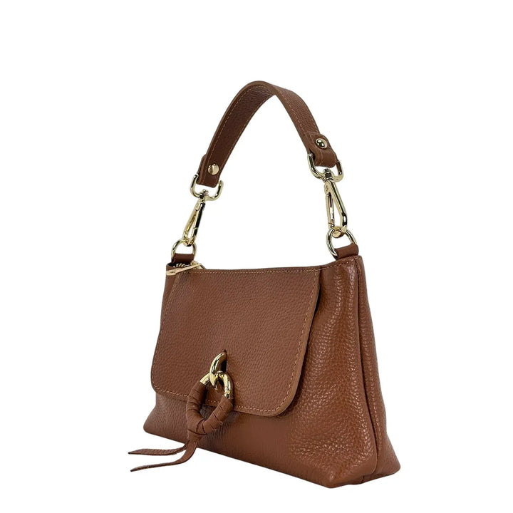 Bassini Borsa Donna Piccola in Pelle Cuoio con Doppia Tracolla e Accessorio Metallico