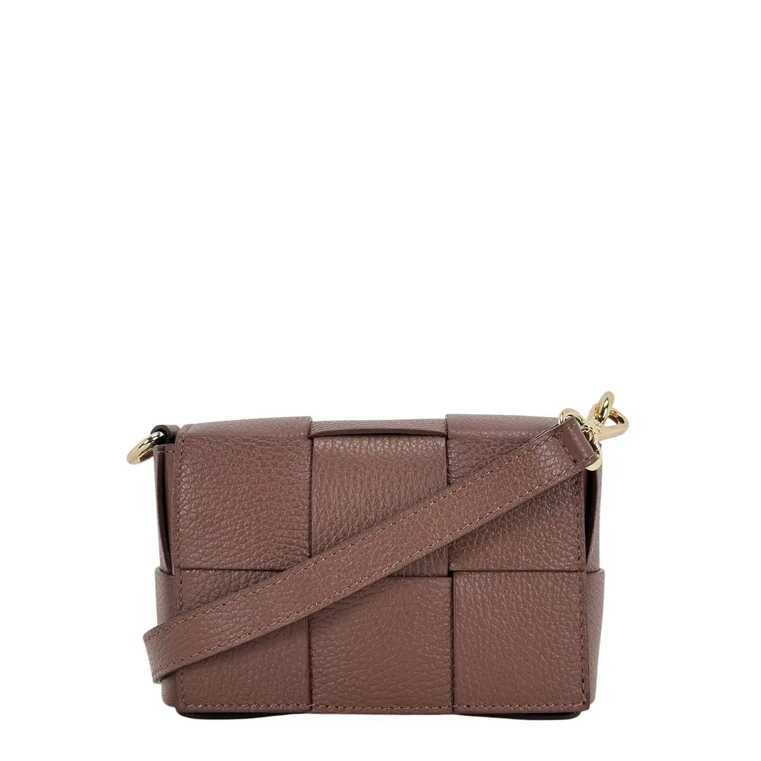 Bassini Borsa Donna Piccola in Pelle Castagna Intrecciata con Tracolla Rimovibile e Patta Magnetica
