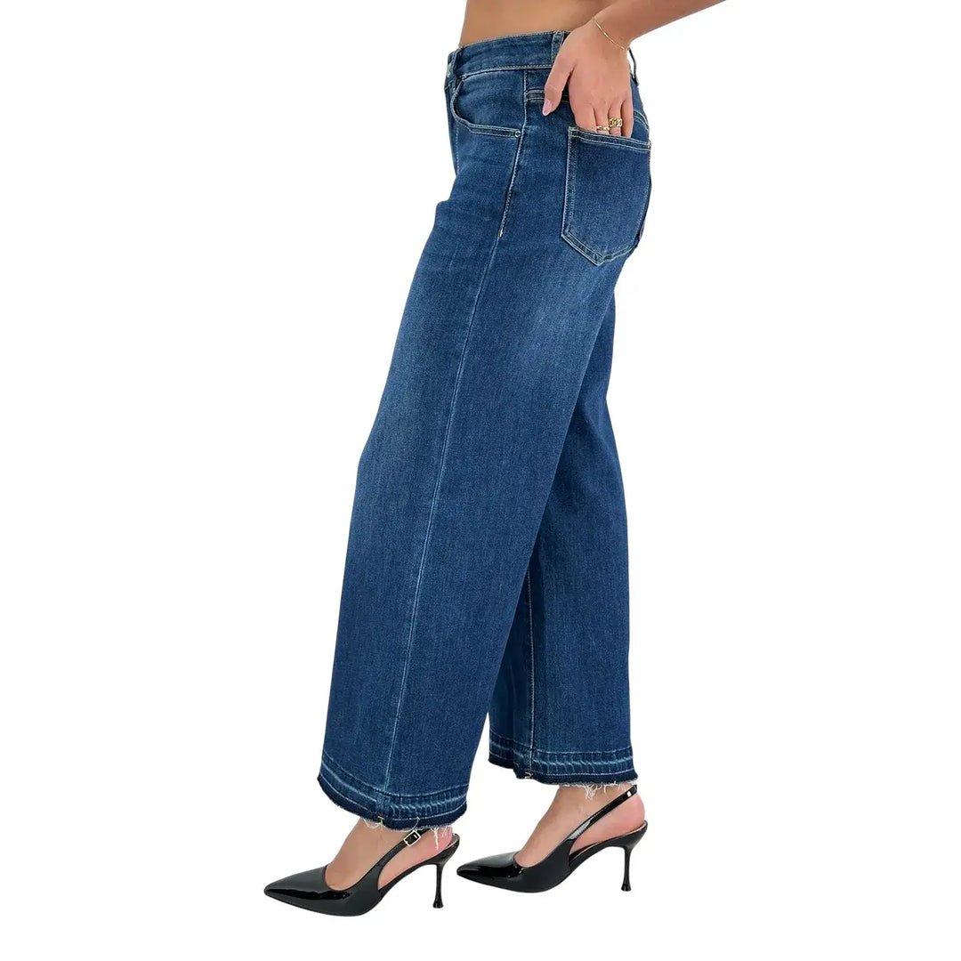 Bassini Jeans Donna Blu Scuro Palazzo in Denim Elasticizzato con Fondo Sfrangiato