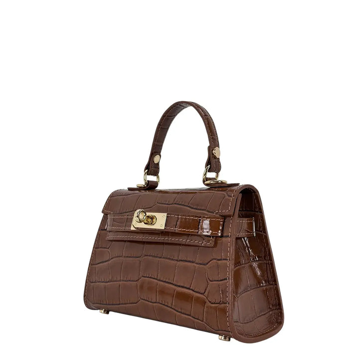 Bassini Borsa Donna Piccola in Pelle Cognac Stampa Cocco con Maniglia Centrale e Tracolla Rimovibile