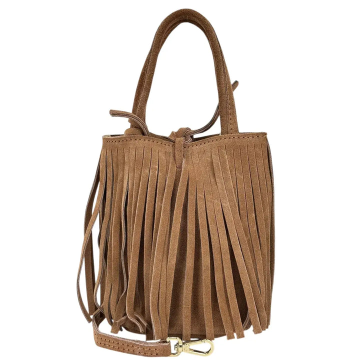 Bassini Borsa Donna Mini in Pelle Scamosciata con Due Manici, Tracolla Rimovibile e Frange Cognac