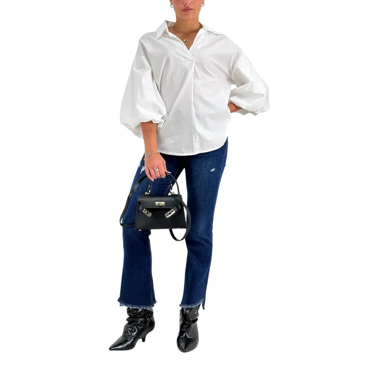 Bassini Camicia Donna Bianca Oversize in Cotone con Maniche a Palloncino 3/4