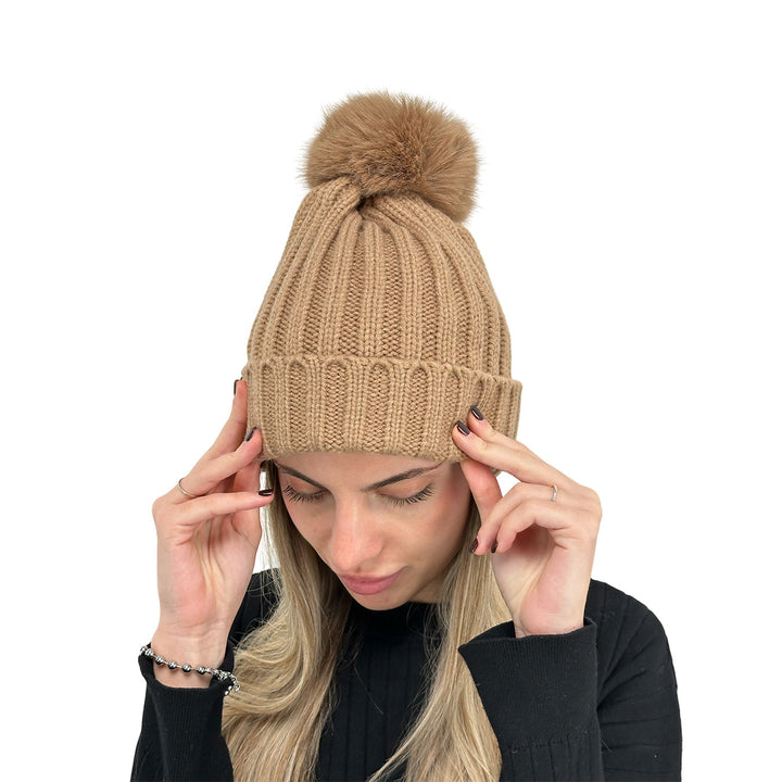 Bassini Cappello Donna, Cuffia, Pompon, Tricot, Beige