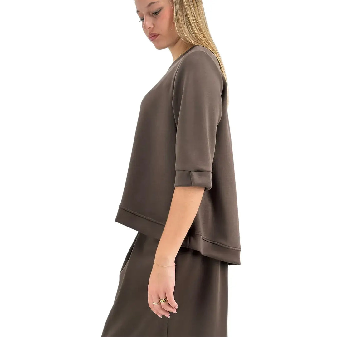 Bassini Felpa Donna Cioccolato Oversize con Scollo a Barca e Maniche Tre Quarti