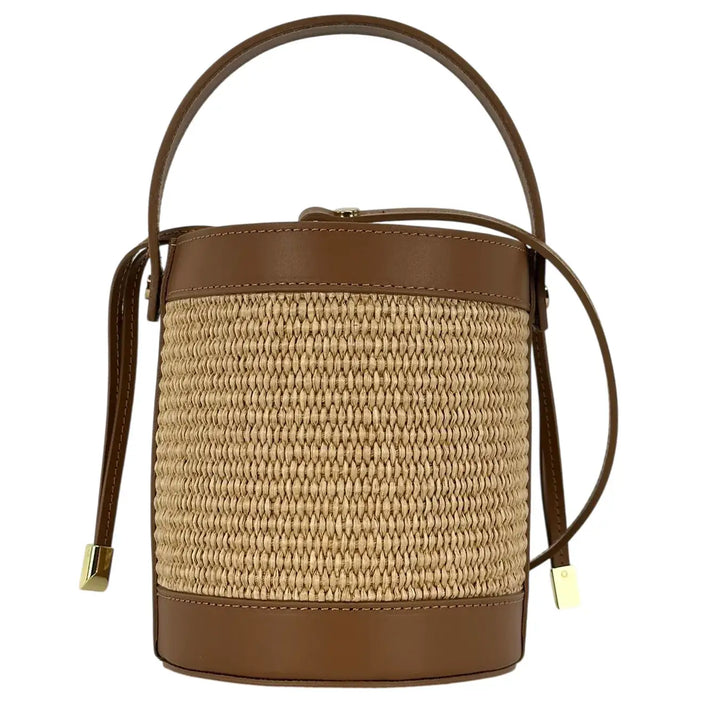 Bassini Borsa Donna Secchiello Piccola in Raffia e Pelle Cuoio con Maniglia e Tracolla