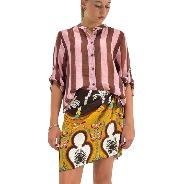 Bassini Camicia Donna Marrone e Rosa a Righe Larghe con Collo Coreano e Maniche Tre Quarti