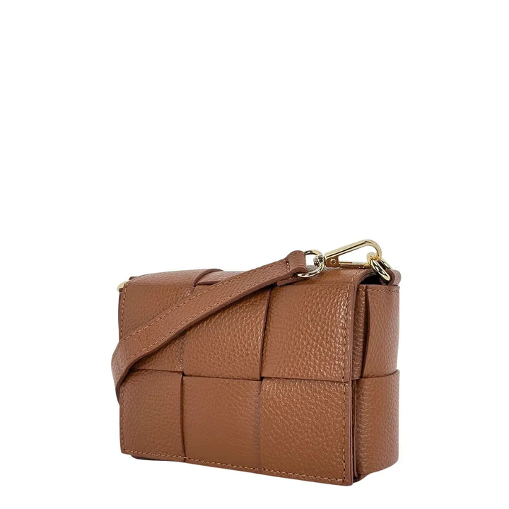 Bassini Borsa Donna Piccola in Pelle Cuoio Intrecciata con Tracolla Rimovibile e Patta Magnetica