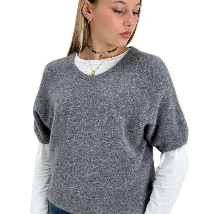 Bassini Maglia Donna Grigia Girocollo Oversize con Maniche Corte Raglan e Orlo a Costine