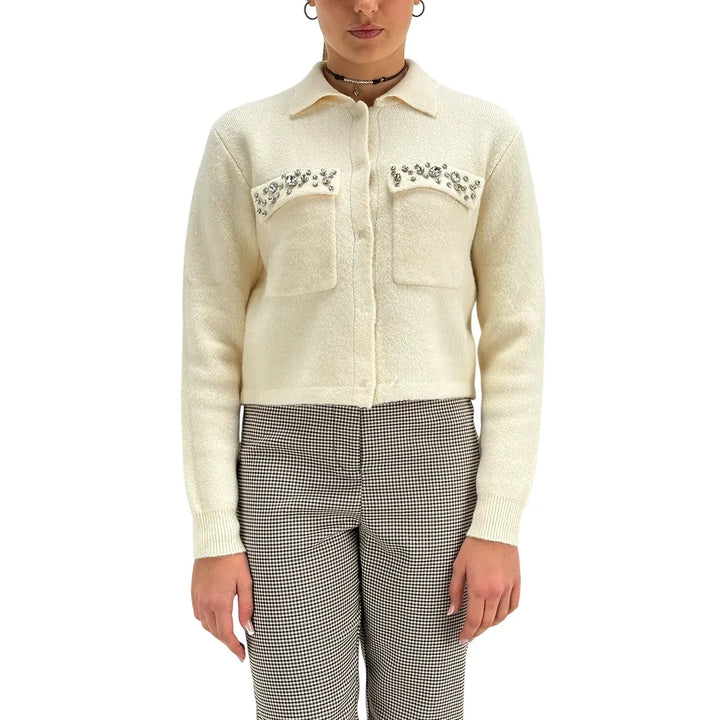 Koralline, Cardigan Polo, Donna, Tessuto Misto, Panna