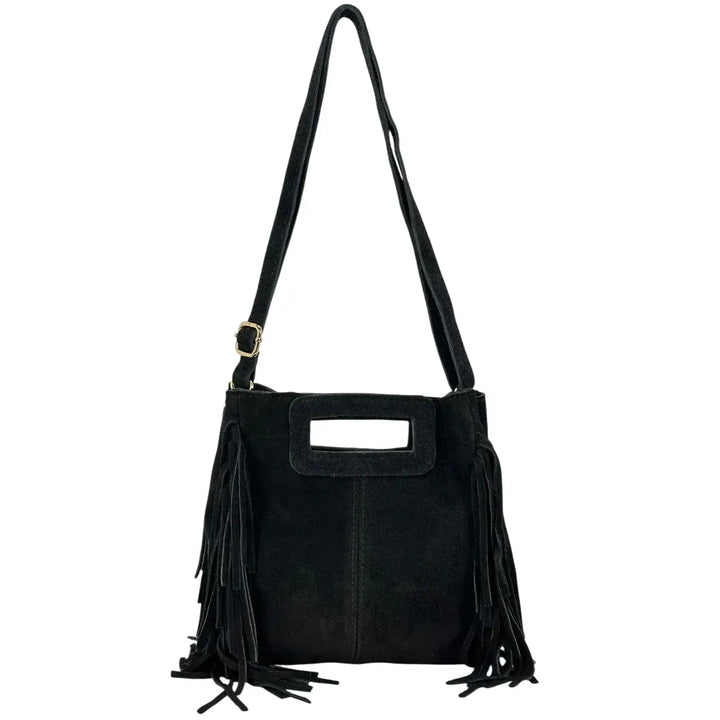 Bassini Borsa Donna Mini in Camoscio Nero con Frange Laterali e Tracolla Rimovibile