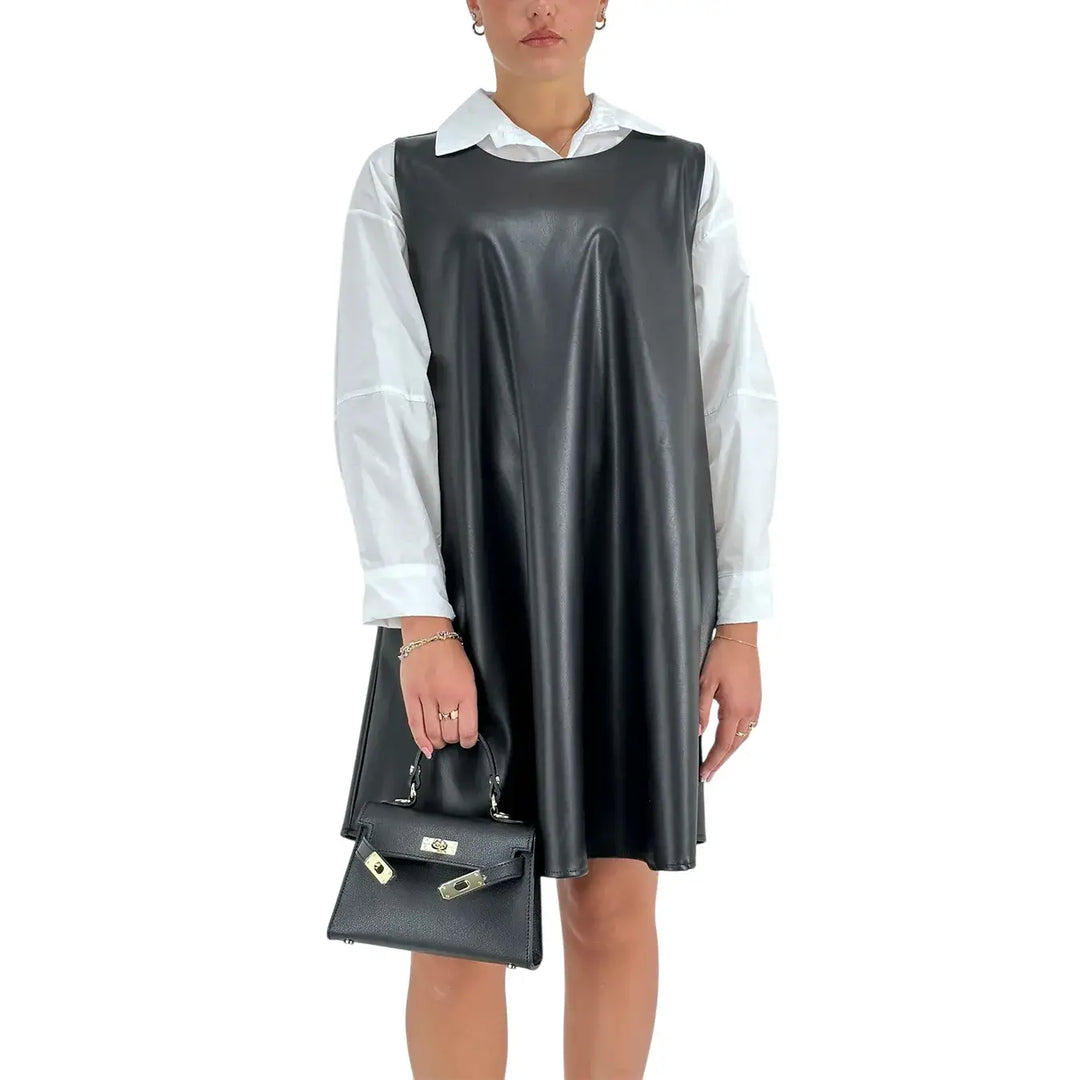 Bassini Abito Donna in Ecopelle Nero Smanicato Oversize a Trapezio con Scollo a Barca e Tasche Laterali