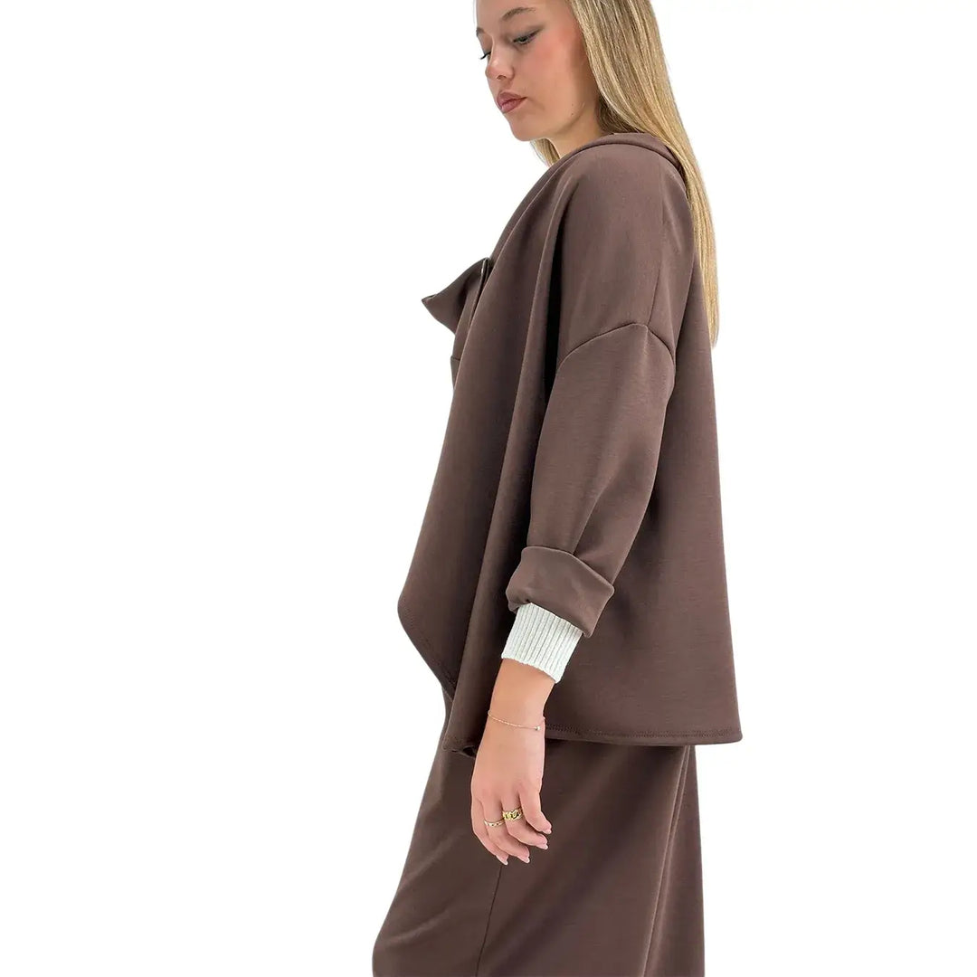 Bassini Giacca Donna Cioccolato in Felpa Over Asimmetrica a Due Bottoni con Maniche Raglan