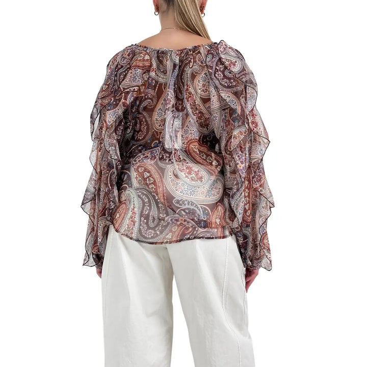 Bassini Blusa Donna Marrone con Stampa Cashmere, Scollo a V e Rouches sulle Maniche
