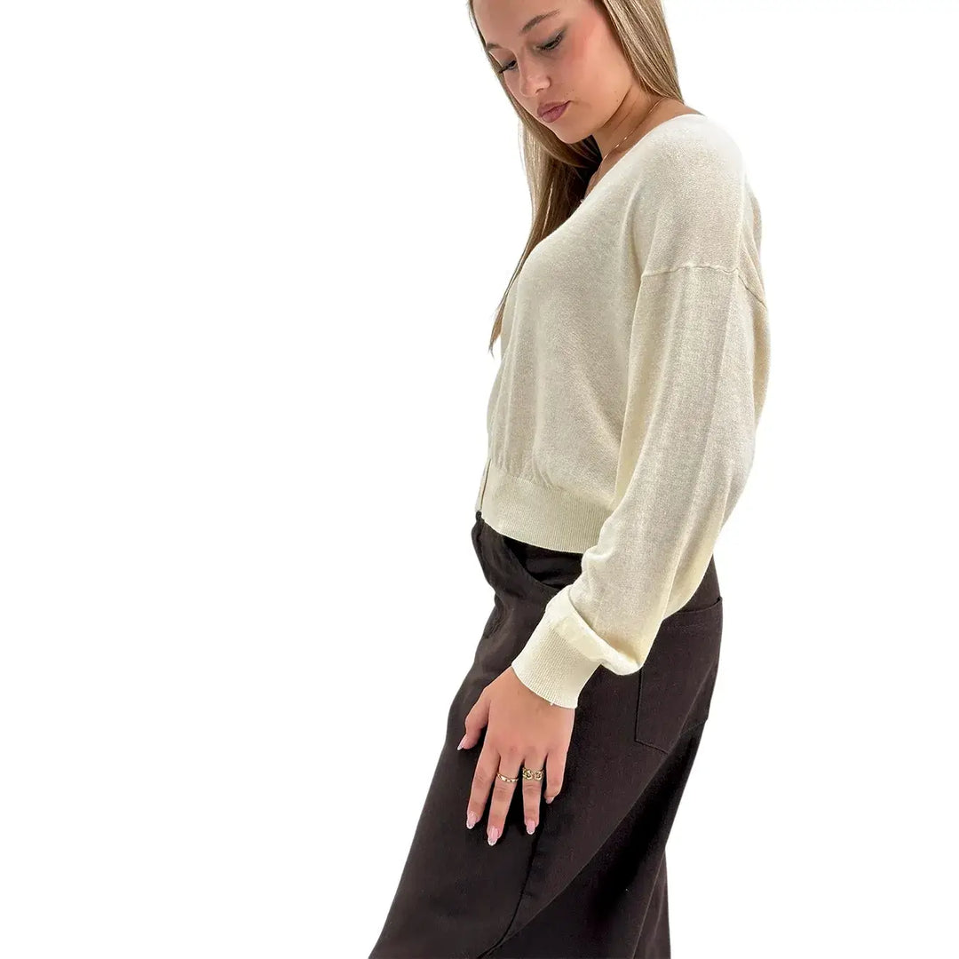 Bassini Cardigan Donna Avorio Crop Over con Bottoncini sul Collo e Maniche Lunghe
