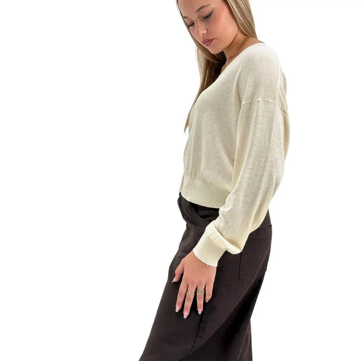 Bassini Cardigan Donna Avorio Crop Over con Bottoncini sul Collo e Maniche Lunghe