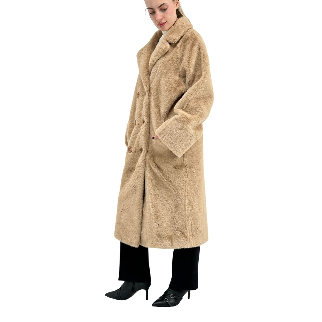 Bassini Cappotto Faux Mink Fur Donna, Pelliccia Sintetica, Beige