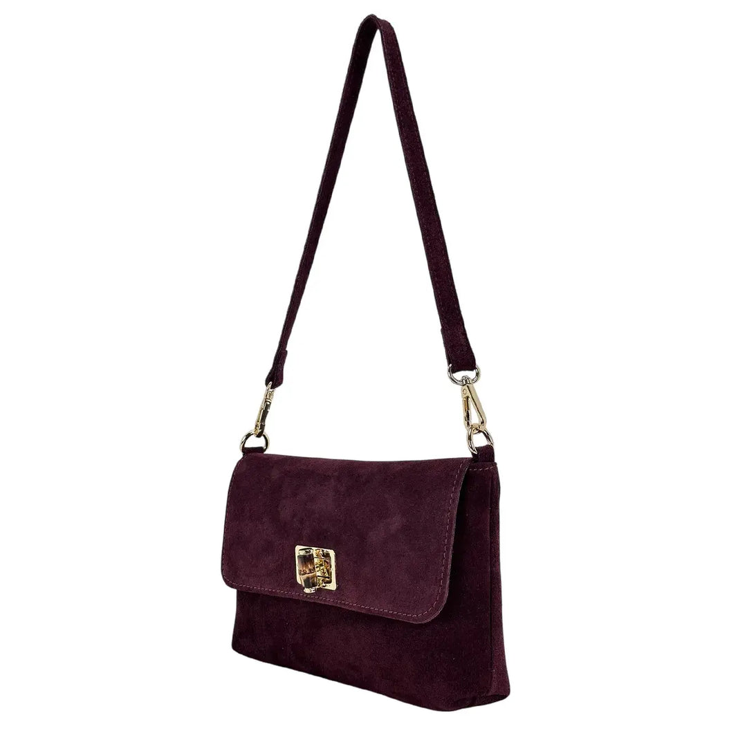 Bassini Borsa Donna in Pelle Scamosciata Burgundi con Pattina e Girello in Bambù e Tracolla Rimovibile