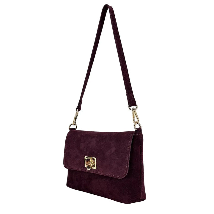 Bassini Borsa Donna in Pelle Scamosciata Burgundi con Pattina e Girello in Bambù e Tracolla Rimovibile