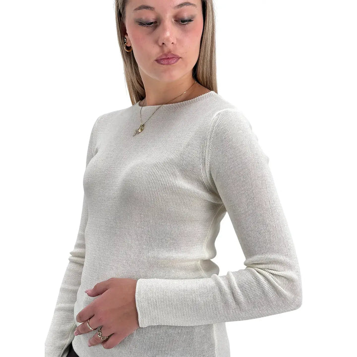 Bassini Maglia Donna Avorio a Micro Costine con Girocollo e Maniche Lunghe