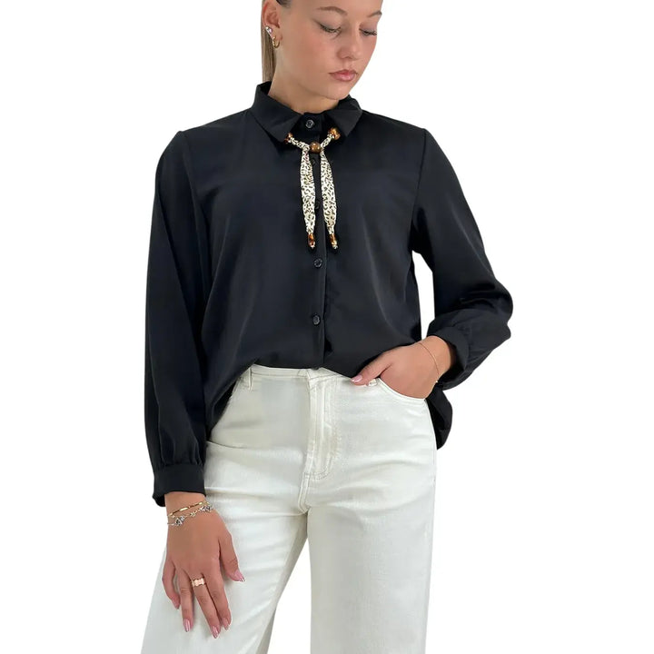 Bassini Camicia Donna Nera Basica a Maniche Lunghe con Collana Stampata