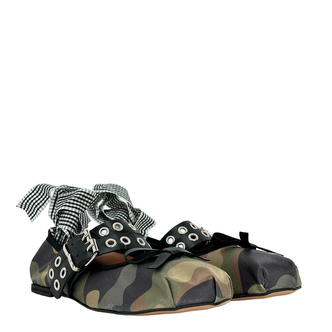 Divine Follie Women's Shoes, Ballerina, Ankle Laces, Leather, Camouflage