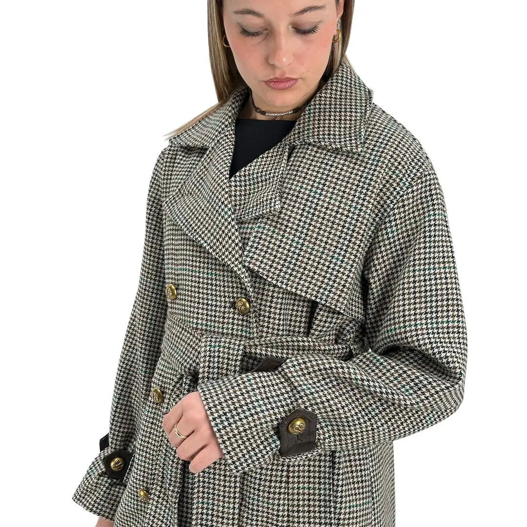 Bassini Cappotto Donna Marrone Lungo Trench Coat Pied de Poule e Principe di Galles Doppiopetto con Cintura