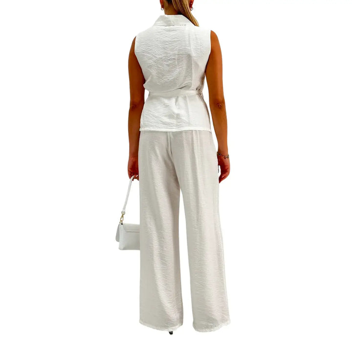 Bassini Coordinato Donna Bianco con Gilet Smanicato, Fiocco Laterale e Pantaloni Palazzo