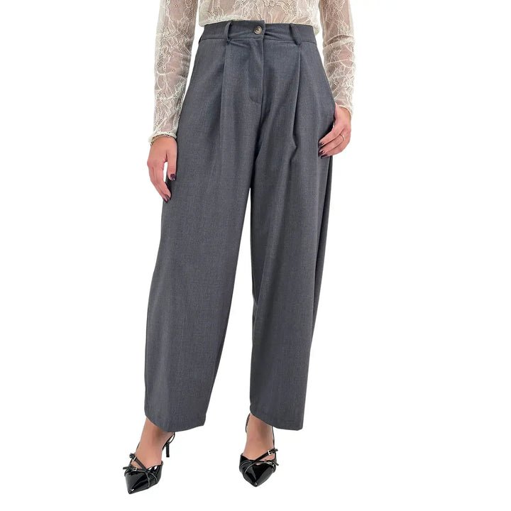 Bassini Pantaloni Donna Grigi Sartoriali a Gamba Larga con Doppia Pince e Tasche a Filo