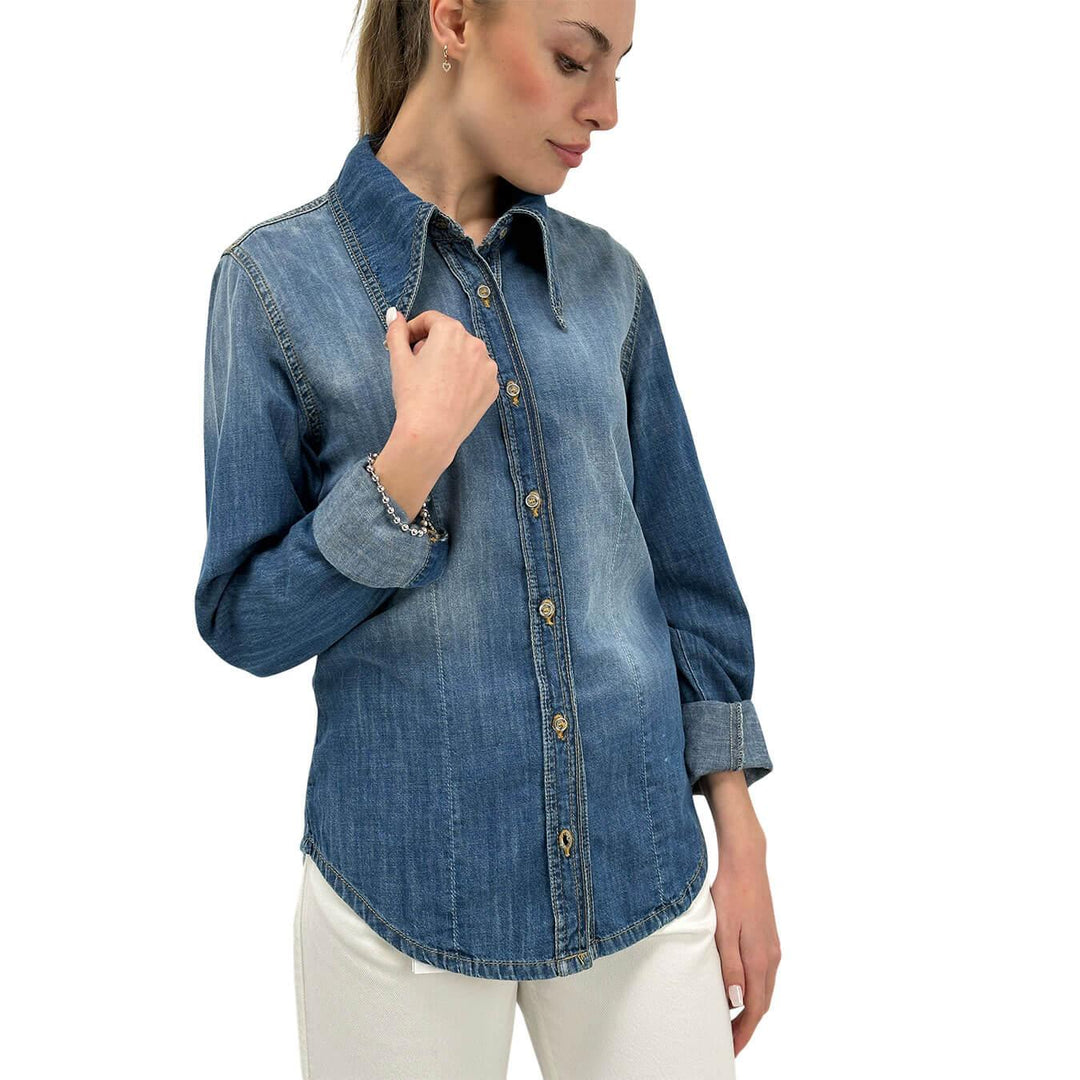 Motel Camicia Jeans Donna, Denim, Collo a Lancia, Cotone, Blu