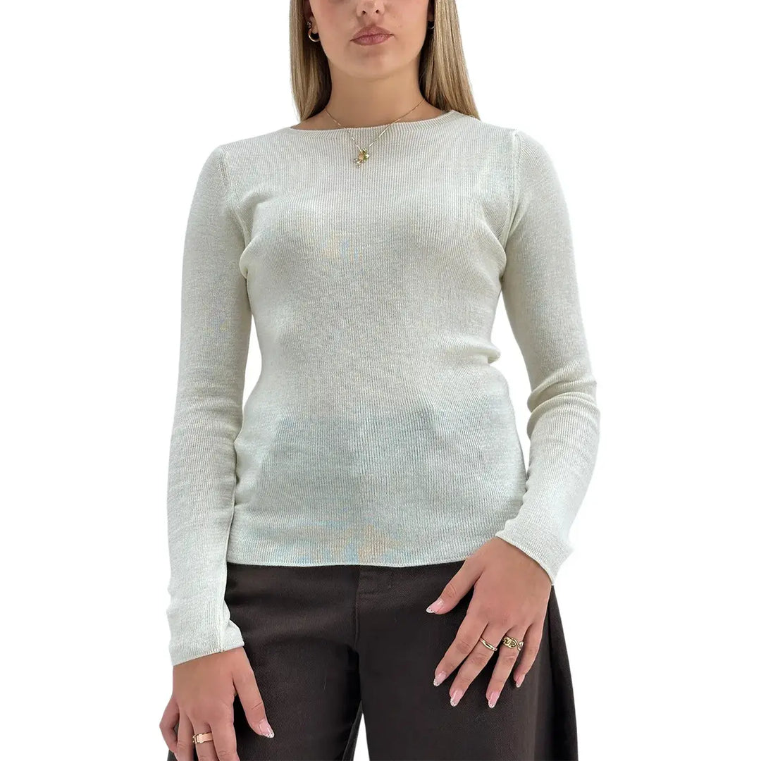Bassini Maglia Donna Avorio a Micro Costine con Girocollo e Maniche Lunghe
