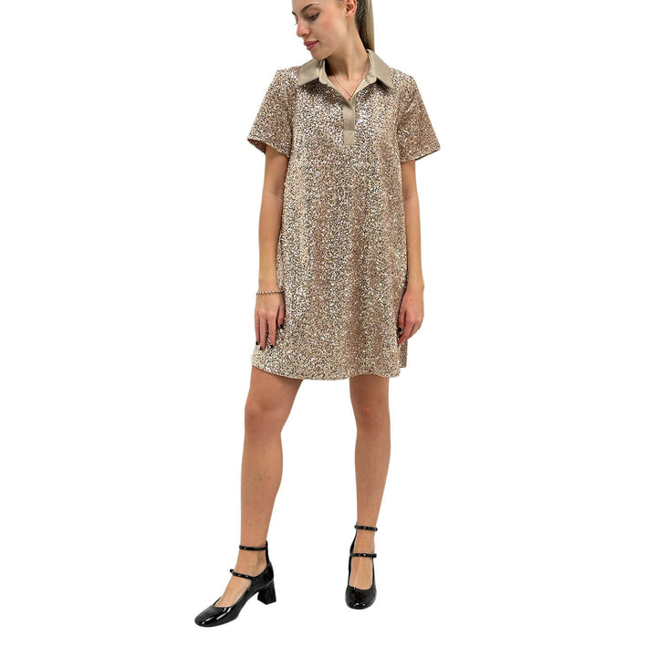 Motel Abito Donna, Modello Mini, Full Paillettes, Beige