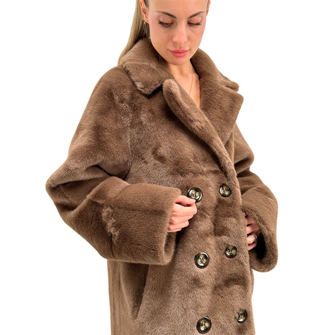 Bassini Cappotto Lungo Donna, Ecopelliccia, Doppio Petto, Marrone