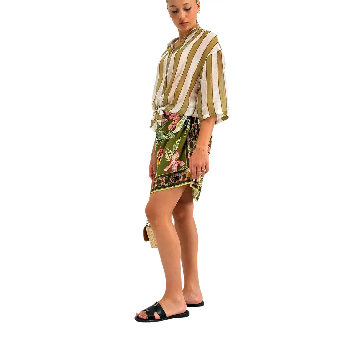 Bassini Camicia Donna Verde a Righe con Nodo Frontale, Collo Coreano e Maniche Corte