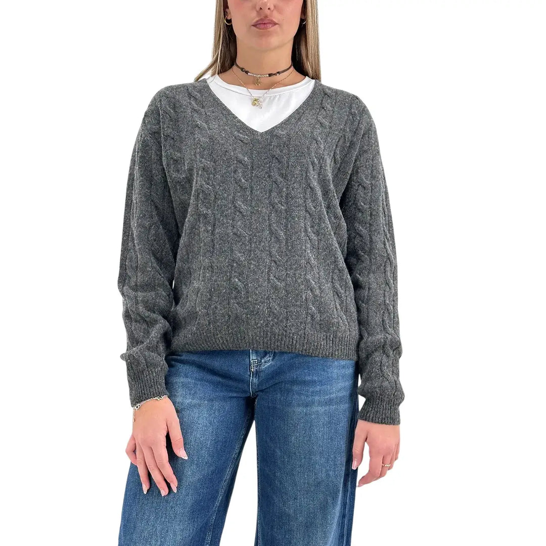 Bassini Maglia Donna Grigio Melange a Treccia con Scollo a V e Maniche Raglan Oversize