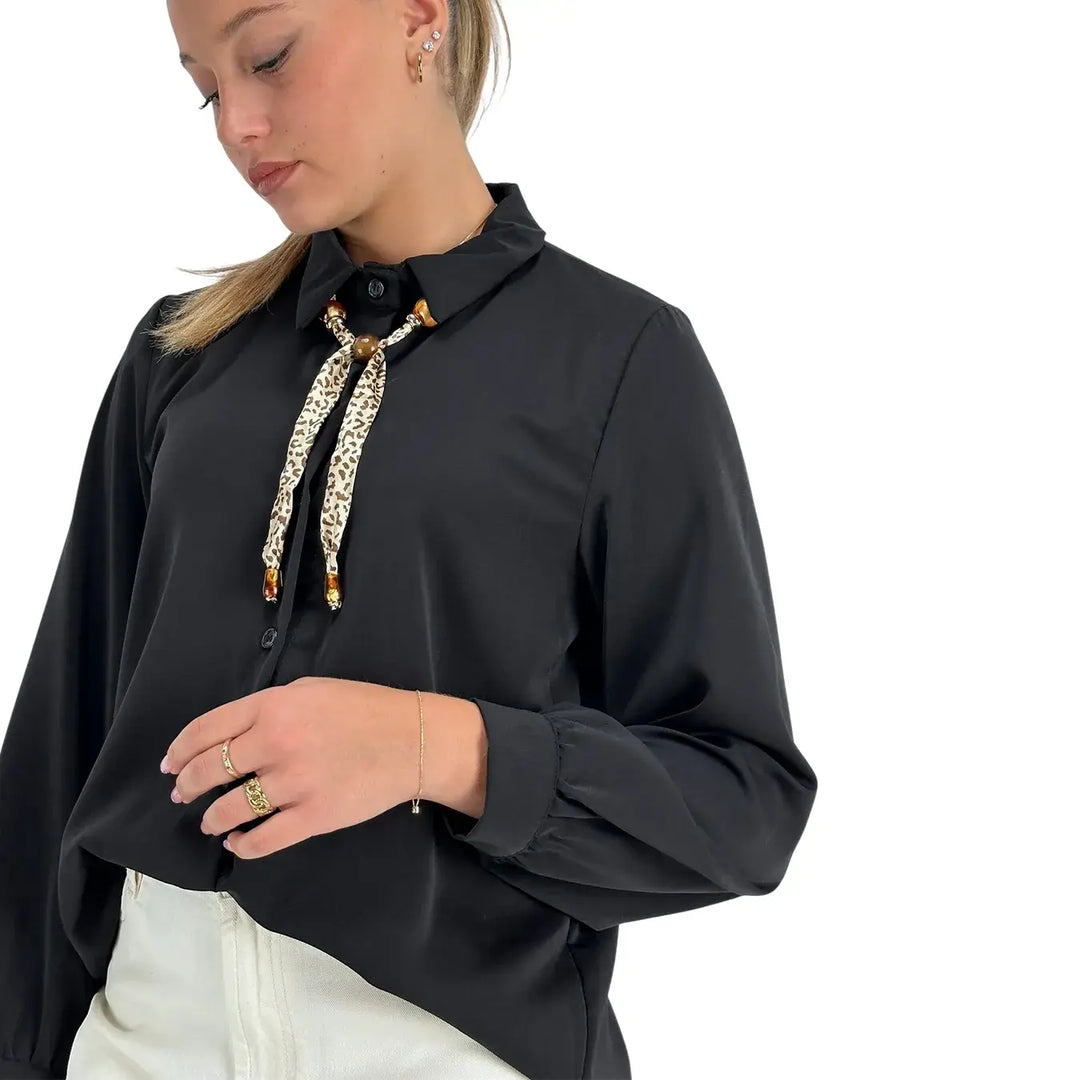 Bassini Camicia Donna Nera Basica a Maniche Lunghe con Collana Stampata