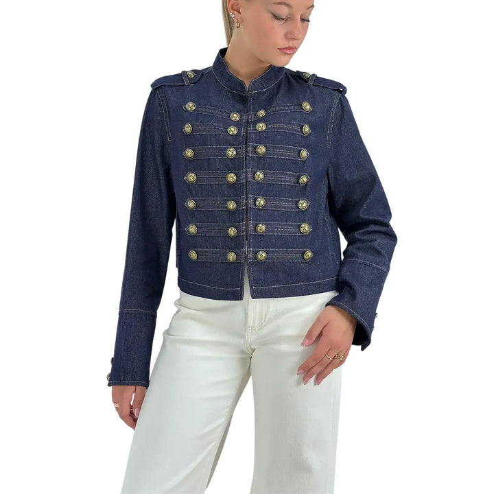 Bassini Giacca Donna Blu Denim Stile Militare Napoleone con Bottoni Color Oro Antico