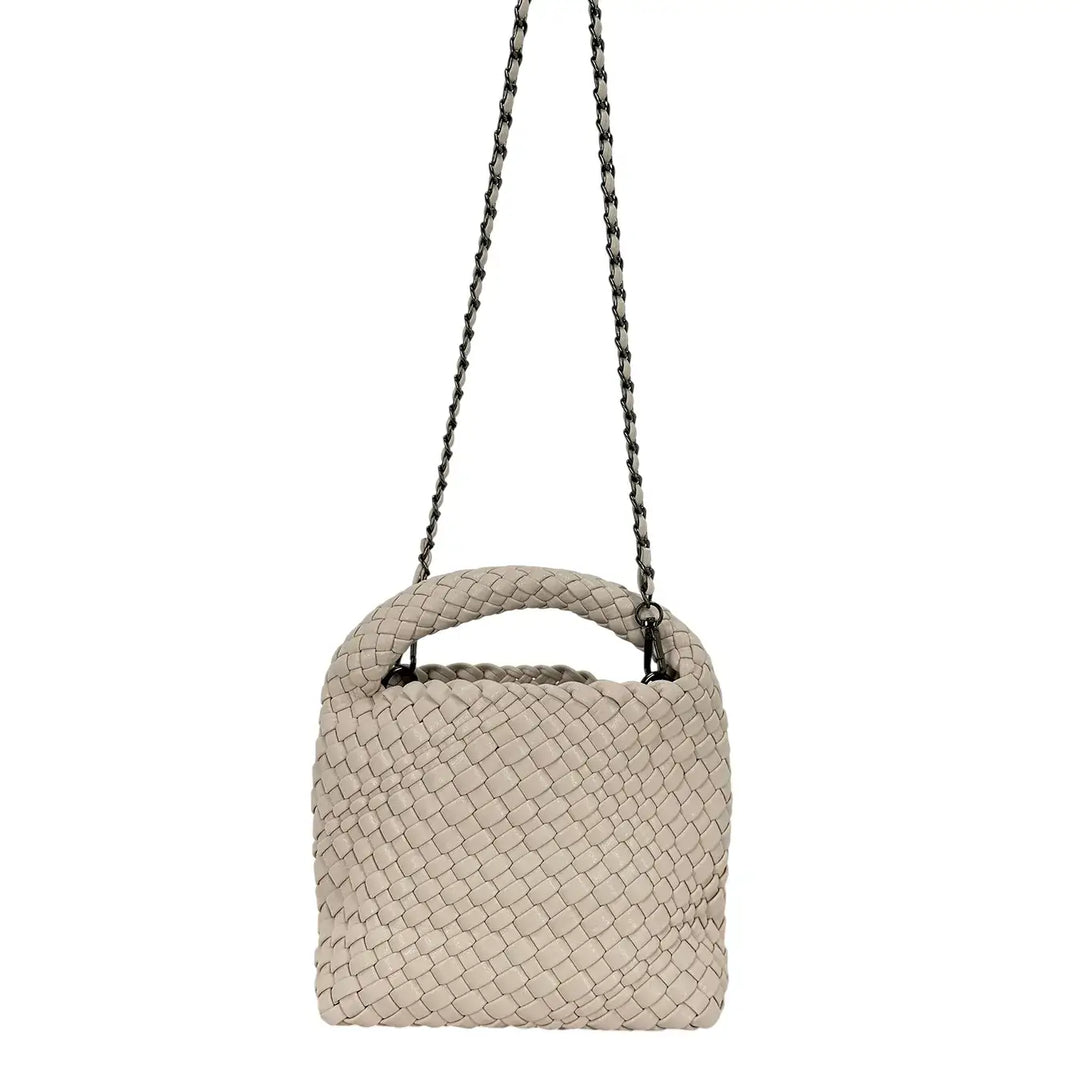 Bassini Borsa Donna Mini Sacca in Ecopelle Intrecciata Beige con Tracolla Catena Rimovibile