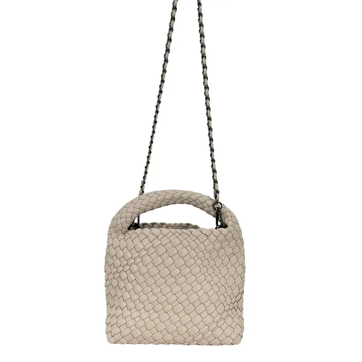 Bassini Borsa Donna Mini Sacca in Ecopelle Intrecciata Beige con Tracolla Catena Rimovibile