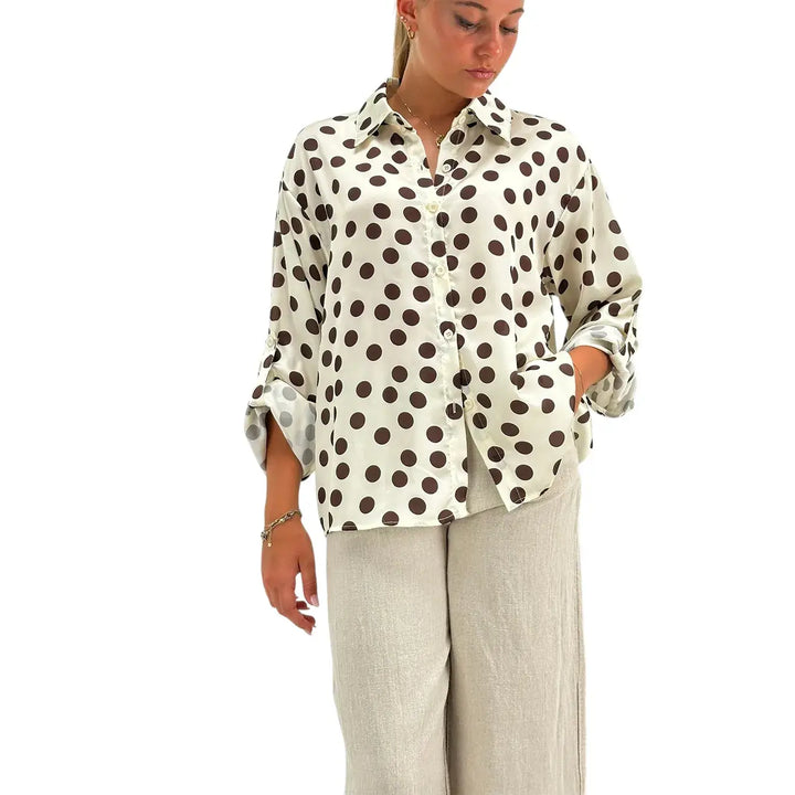 Bassini Camicia Donna Avorio con Pois Cioccolato Maniche Lunghe e Collo Francese