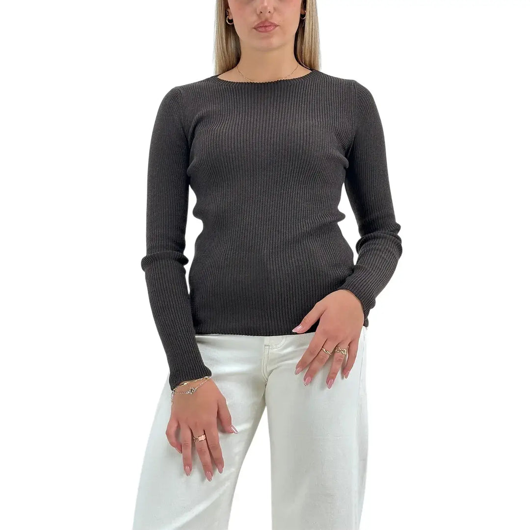 Bassini Maglia Donna Moro a Coste con Girocollo e Maniche Lunghe