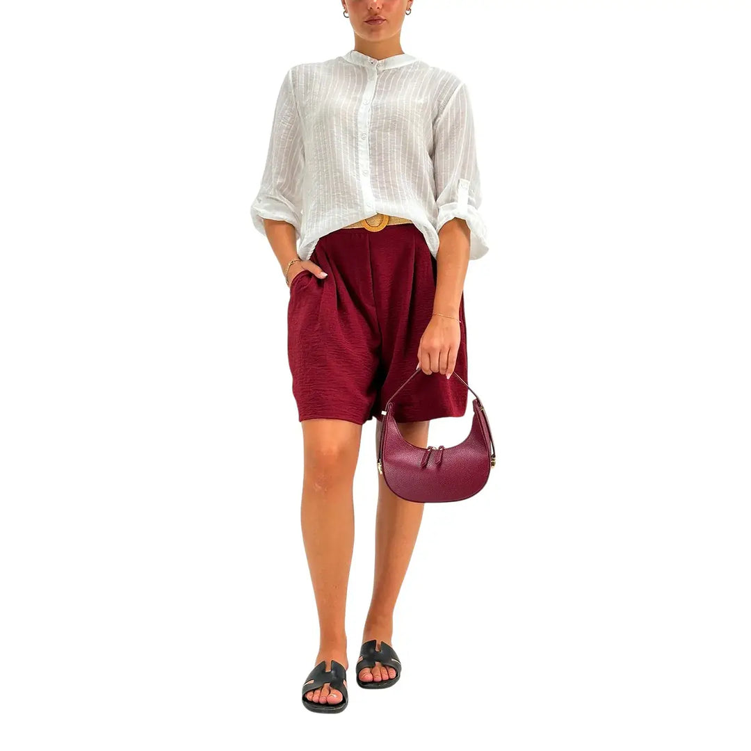 Bassini Bermuda Donna Borgogna in Lino e Cotone con Cintura in Rafia