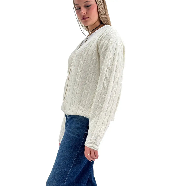 Bassini Cardigan Donna Burro a Treccia con Cinque Bottoni e Vestibilità Regolare