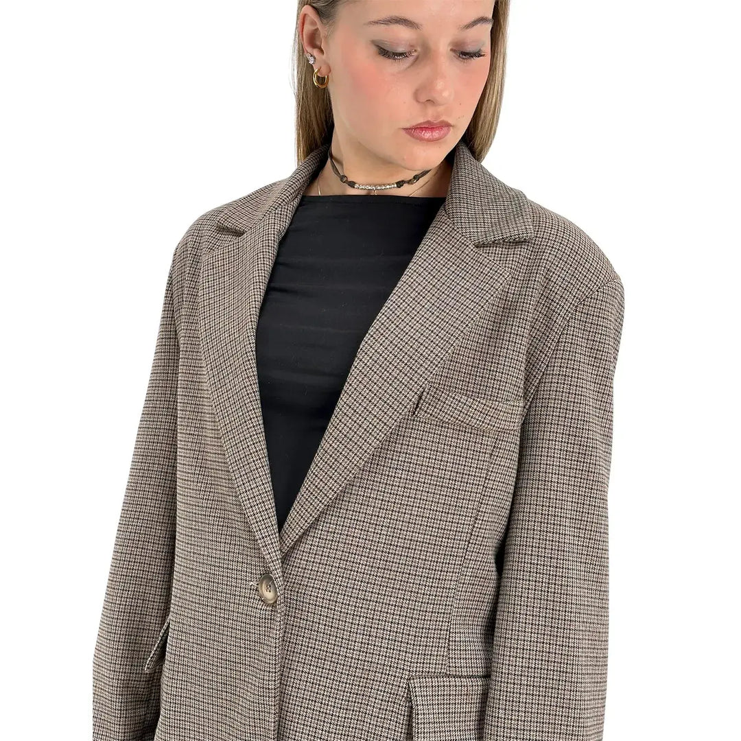 Bassini Giacca Donna Marrone Principe di Galles Monopetto Taglio Uomo Oversize con Tasche con Patta
